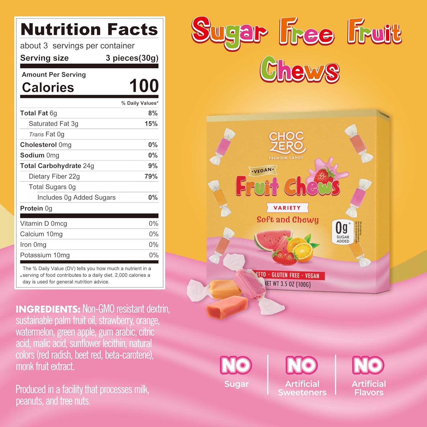 ChocZero Chewy Candy Variety Pack, Sugar Free, All Natural, Vegan, Orange Strawberry and Watermelon Candy, 3.5 Ounce (Pack of 1)