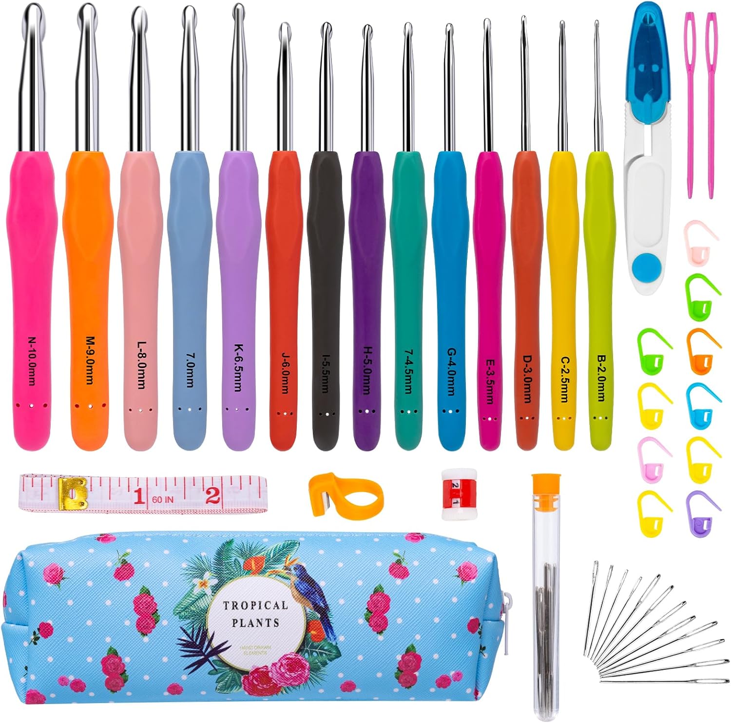 Drawdart 14 Sizes Crochet Hooks for Arthritic Hands, 43 Pcs Ergonomic Crochet Hook Set with Case, Extra Long Soft Grip Crochet Needles 2mm(B)-10mm(N)