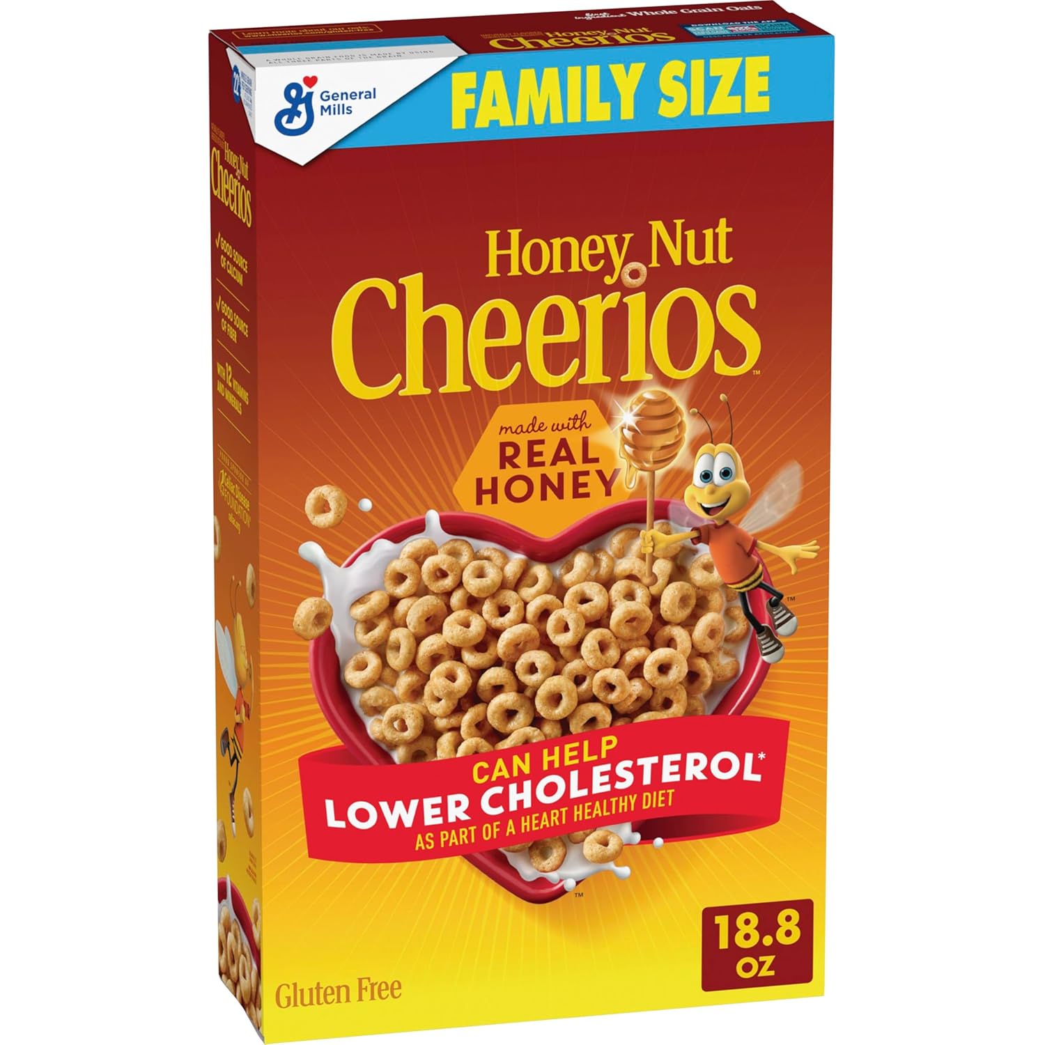 Honey Nut Cheerios, Heart Healthy Gluten Free Breakfast Cereal with Whole Grain Oats, Family Size, 18.8 oz