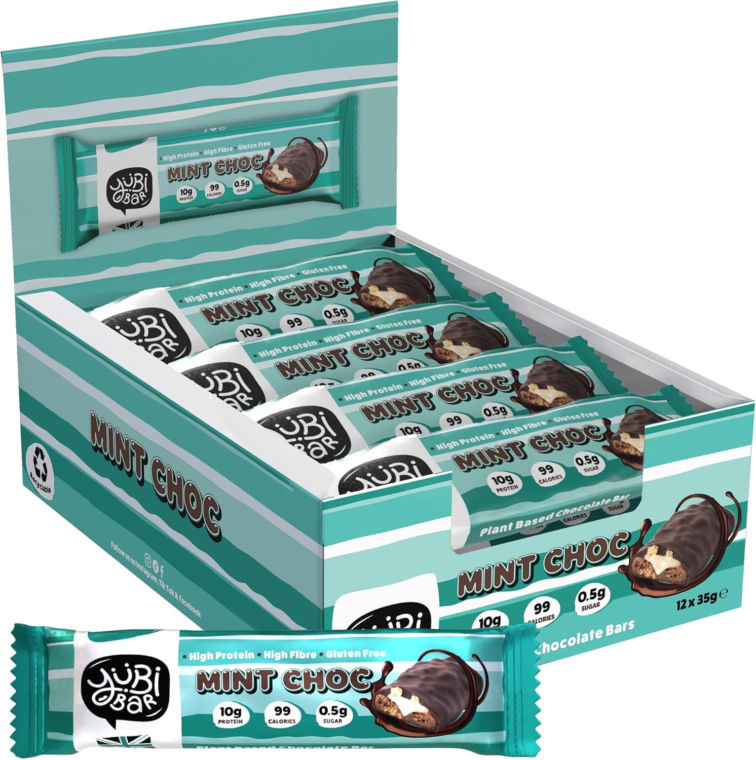 Yubi Mint Choc - 12 Pack - Protein Bars - 99 Calories, High Protein, High Fibre, Low Sugar, Gluten Free and Dairy Free - Healthy Snacks/Nutrition Bar - Chocolate Bars - 420g