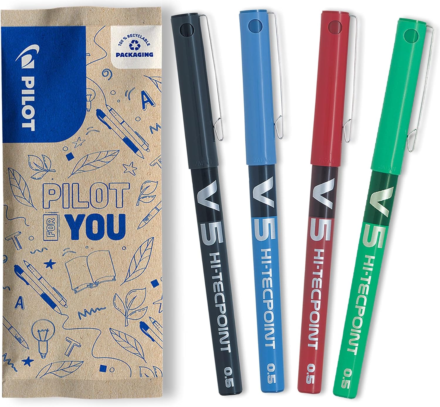 Pilot - Set of 4 V5 Liquid Ink Rollerball 0.5mm - Black, Blue, Red, Green - Fine Tip