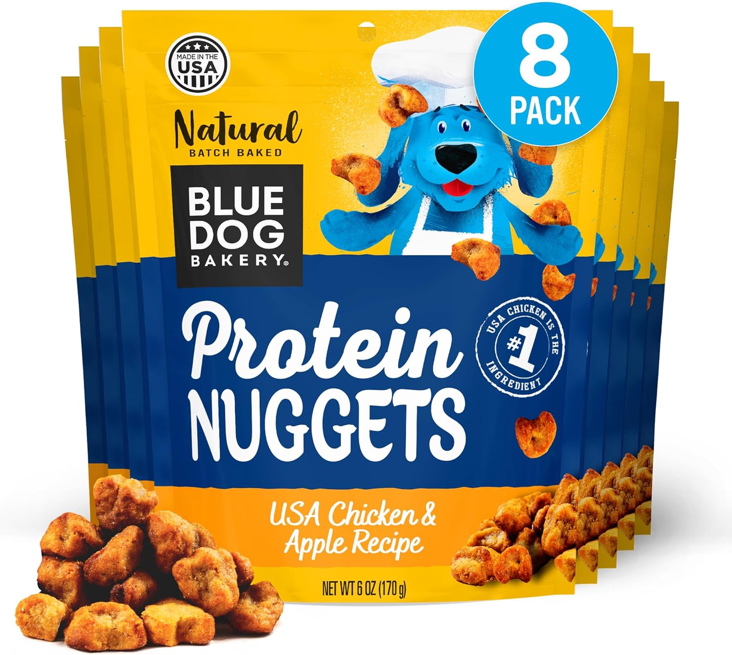 Blue Dog Bakery Protein Nuggets Snack | Small, Soft & Chewy Chicken & Apple Flavor | Natural Healthy Dog Treats, 6 oz (Pack of 8)
