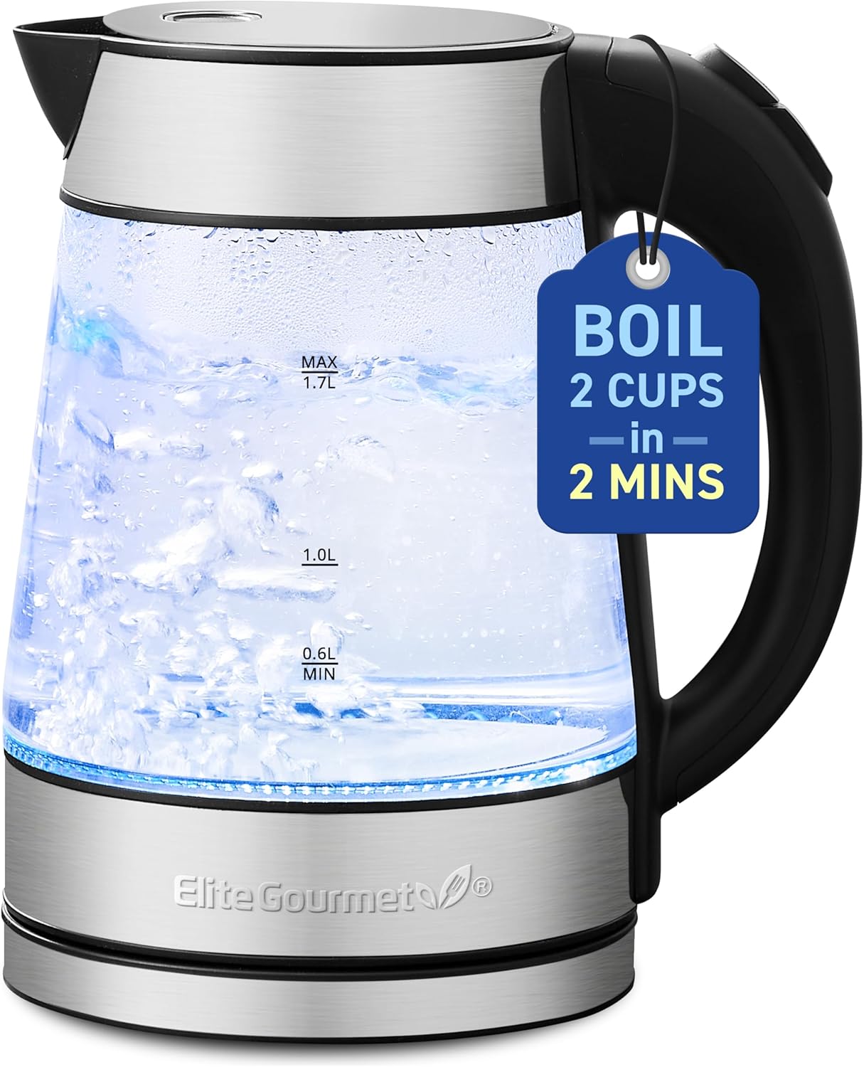 Elite Gourmet EKT-602 Electric BPA-Free Glass Kettle, Cordless 360° Base, Stylish Blue LED Interior, Handy Auto Shut-Off Function – Quickly Boil Water For Tea & More