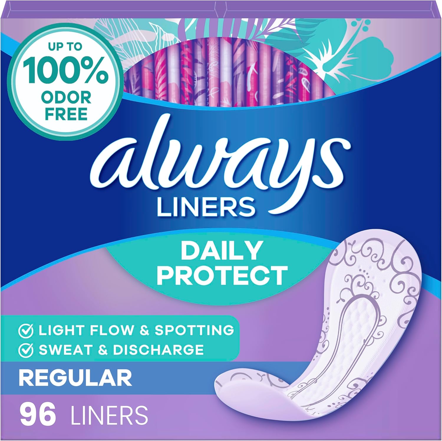 Always Daily Protect Liners, Regular Length, Unscented, 96 Count