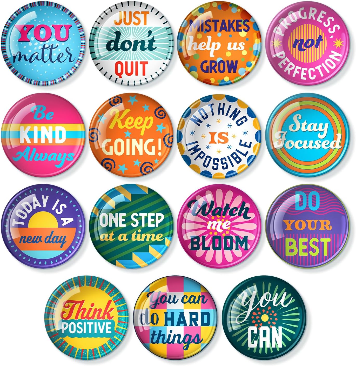 S&O Set of 15 Inspirational Magnets for Fridge - 1.5" Decorative Pins for Refrigerator - Cute Clips for Office - Motivational Buttons - Affirmation Emblems - Locker Charms for Boys & Girls
