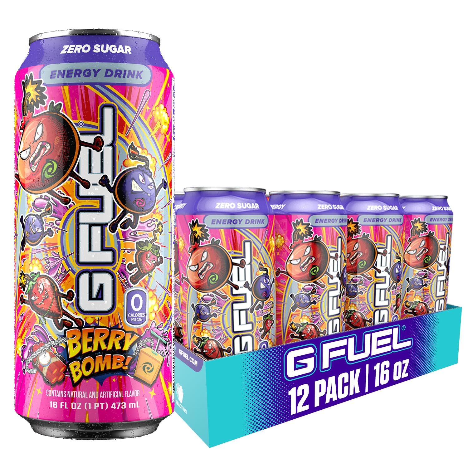 G Fuel Energy Drink, Berry Bomb, Sugar Free Carbonated Beverage with 300mg Caffeine, Daily Energy Boost with Focus Amino, Vitamin + Antioxidants, 16 oz Cans (Berry Bomb, 12-Pack)