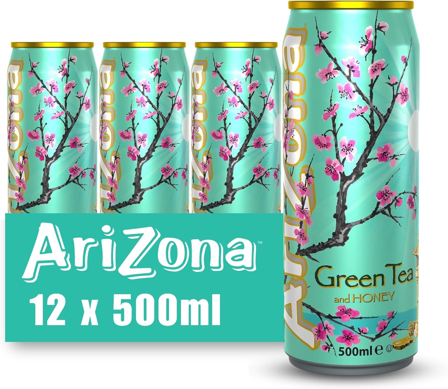 Arizona Green Iced Tea with Honey, Pack of 12 x 500ml Cans, Delicious Fruit Drink, No Artificial Colours or Preservatives