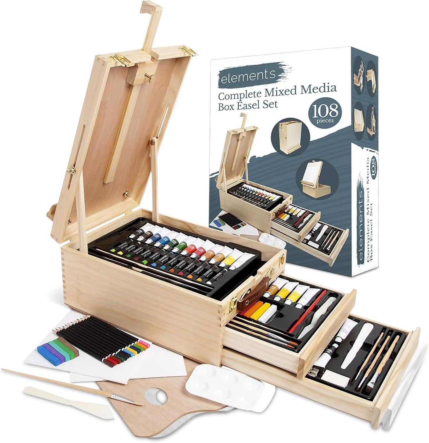 Elements Complete Mixed Media Easel Art Set – 108-Piece Artist Paint Set for Acrylic & Oil Drawing, Painting & Sketching – 3-Drawer Wooden Desktop Easel Box Painting Kit for Artists