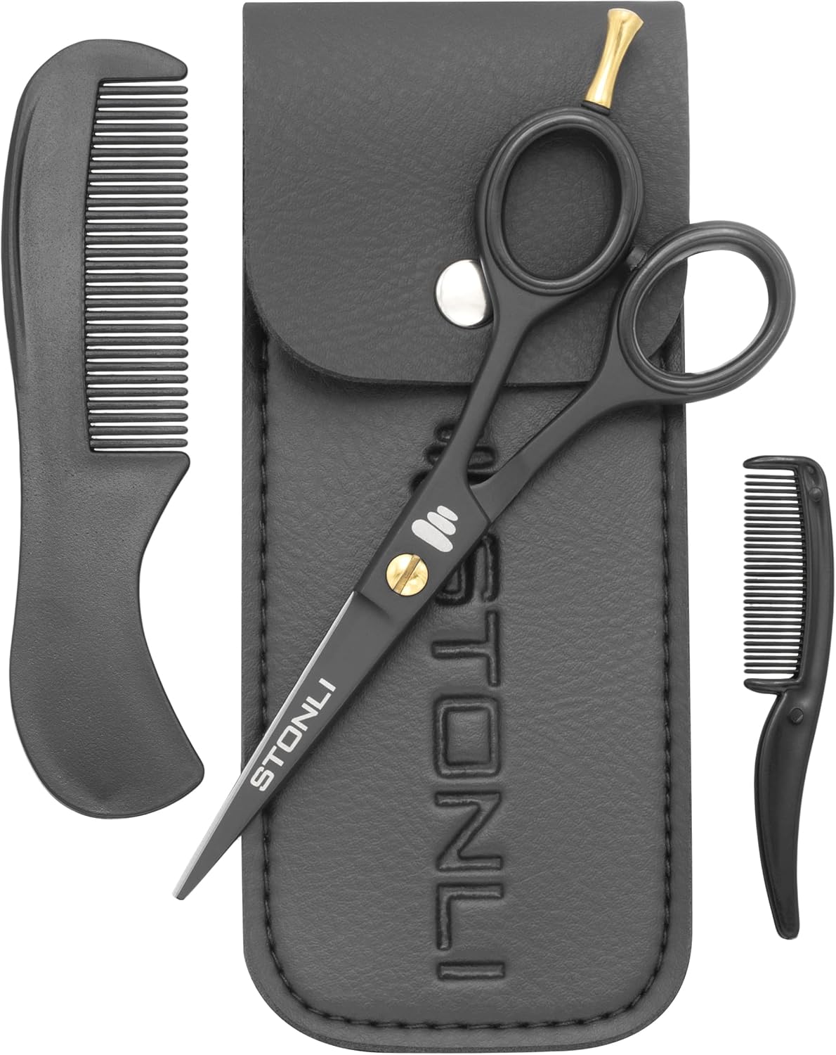 Professional 5’’Beard & Mustache Grooming Kit for Men – Precision Beard Scissors, Mustache Scissors, Moustache Comb, Beard Trimming Scissors, Mustache Care Set with Leather Case (Black)
