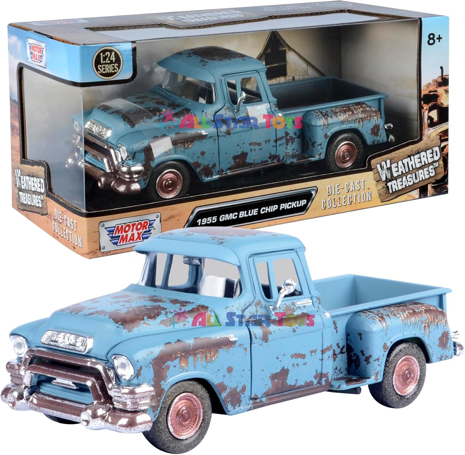 Motormax 1955 GMC Blue Chip Pickup Weathered Treasueres Barn Find 1/24 Scale Diecast Model Car 79071 All Star Toys Edition