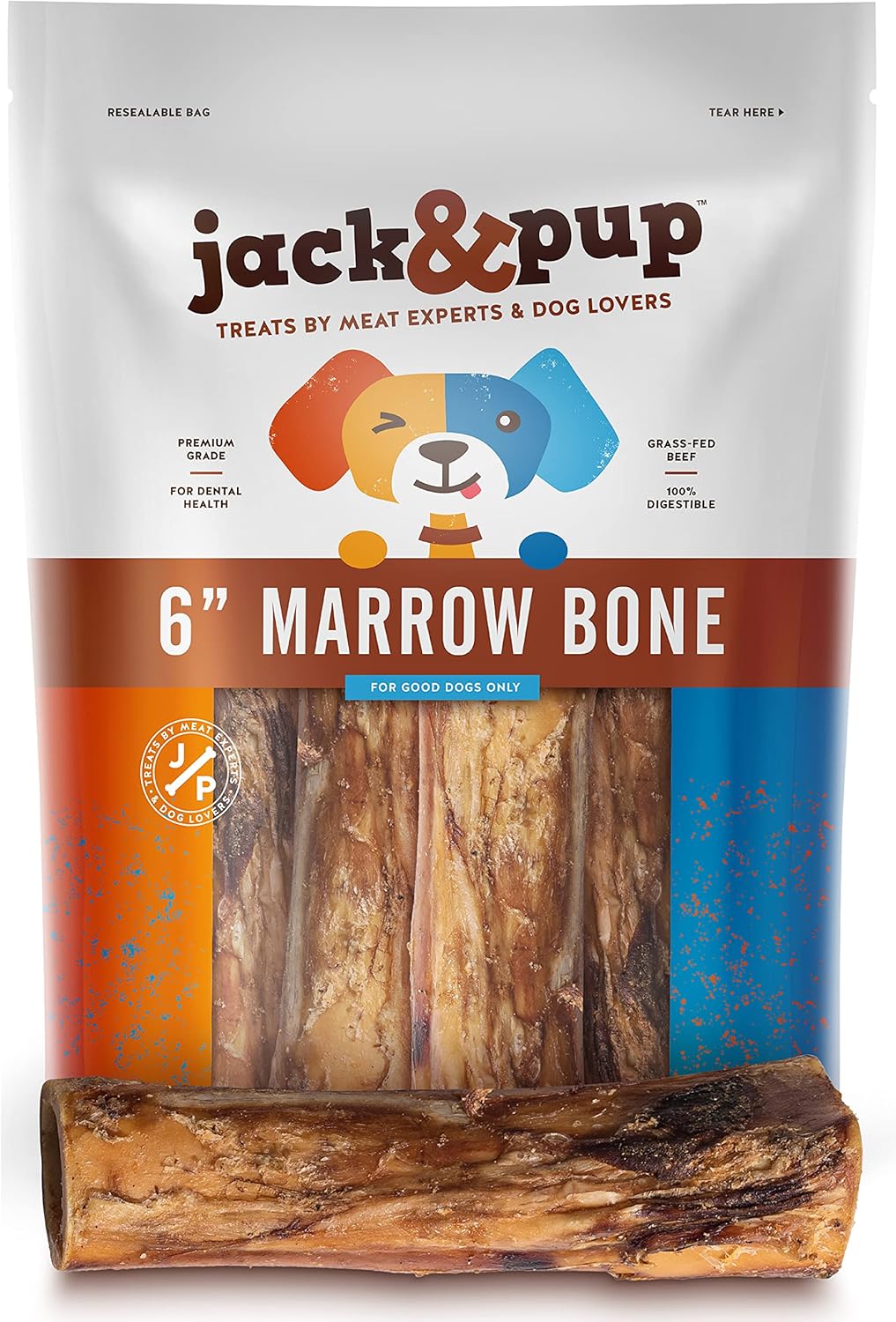 Jack&Pup Marrow Bones for Dogs, Long Lasting Dog Bones for Large Dogs, 6" Marrow Bone, Natural Beef Bone (6 Pack)