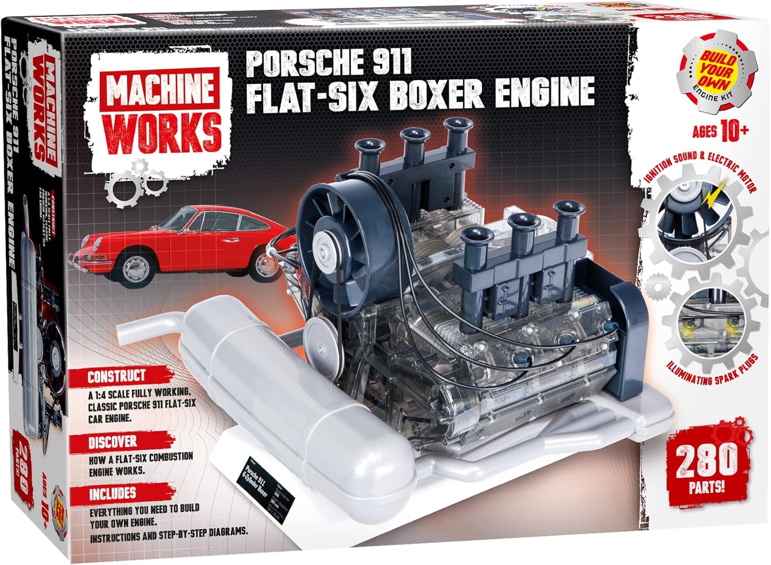 Machine Works Build Your Own Porsche 911 Boxer Engine Toy - Replica Model Building Kit - Features Sounds and Illumination, 280+ Pieces, 10+ Years