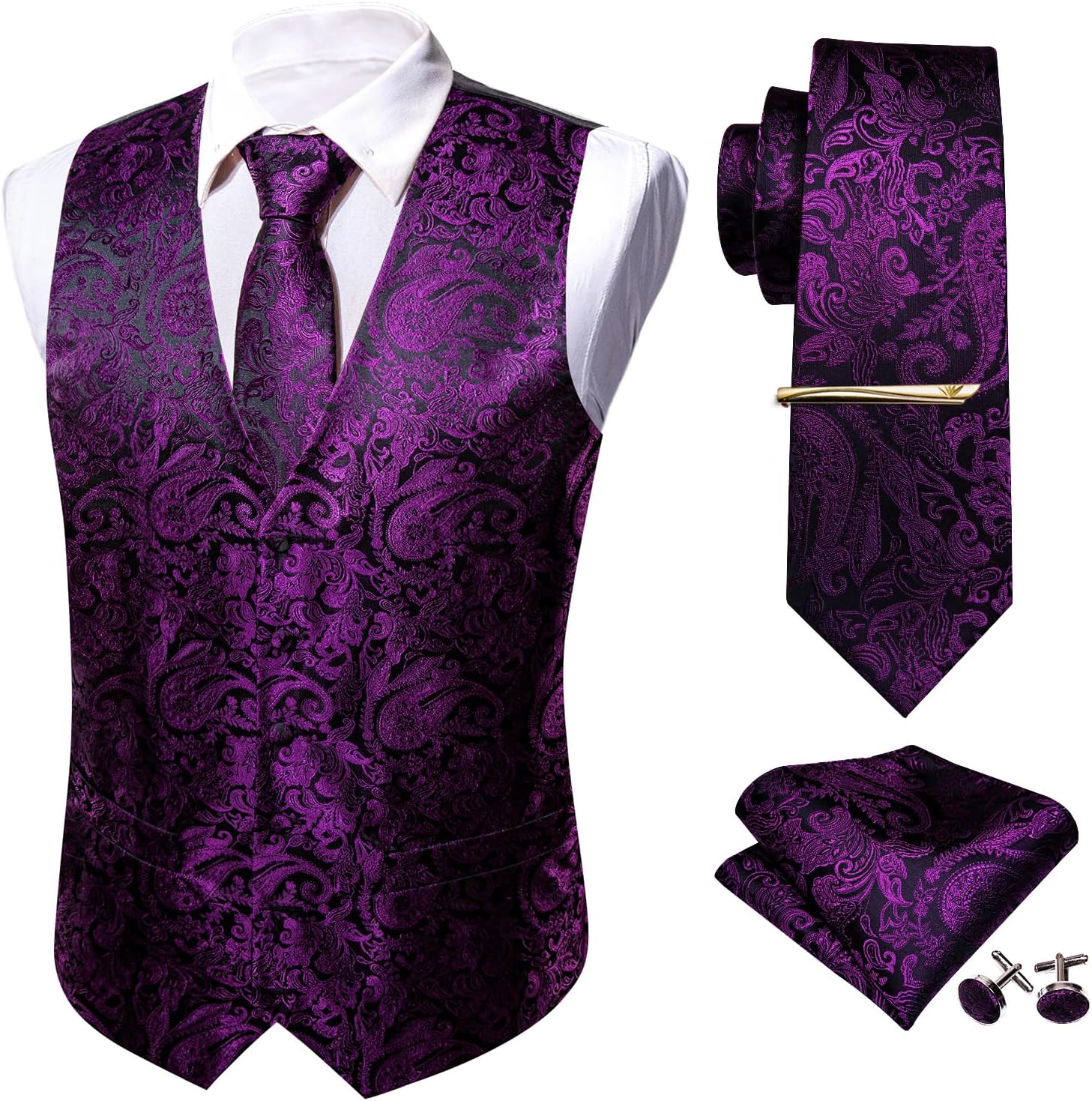 Barry.Wang Formal Mens Vest Set Paisley Tie Handkerchief Cufflink Clip Suit Waistcoat Designer 5PCS