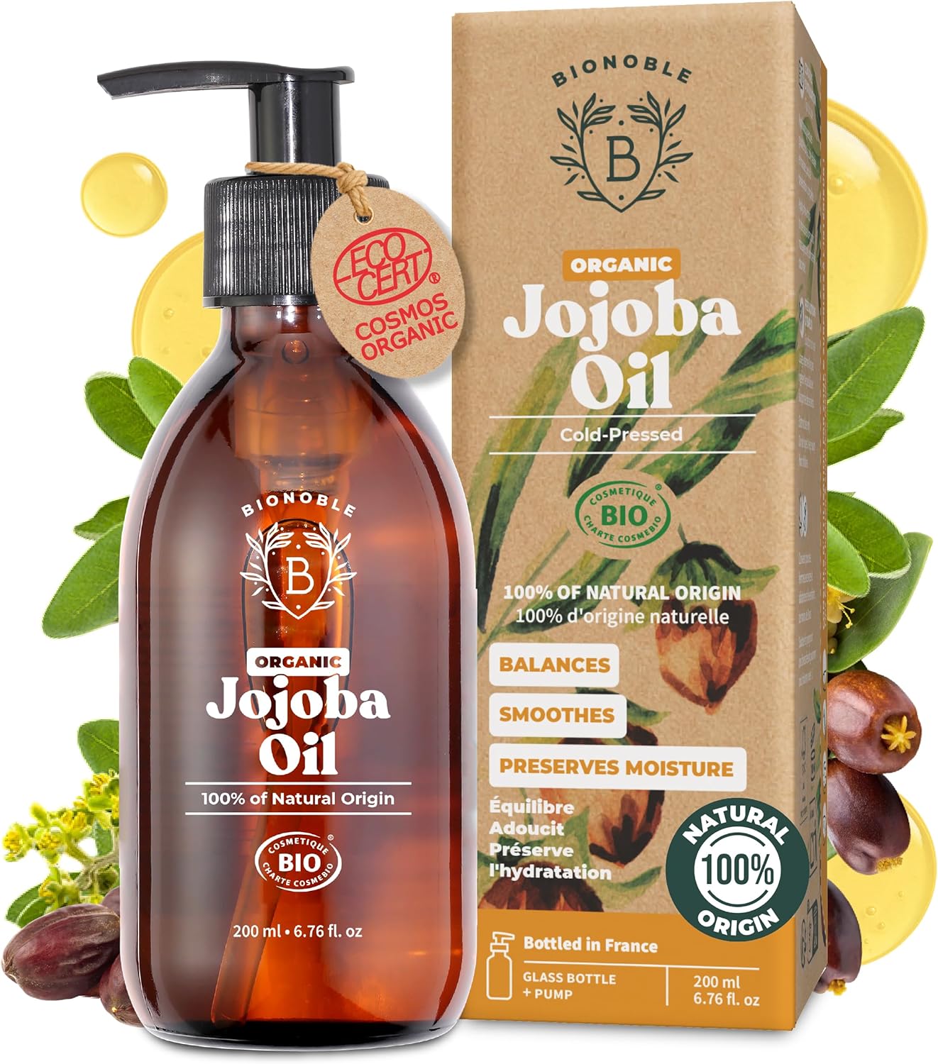 Bionoble Organic Jojoba Oil 200ml - 100% Pure, Natural and Cold Pressed - Face, Body, Hair, Beard, Nails - Vegan and Cruelty Free - Glass Bottle + Pump