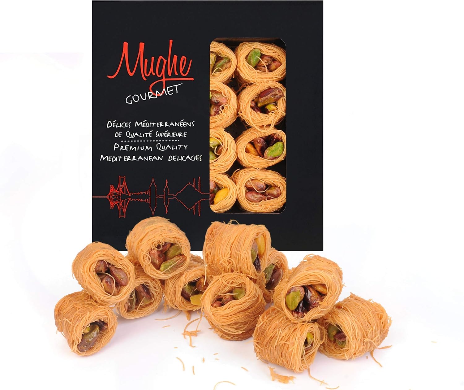 Mughe Gourmet Bite Size Pistachio Esh El Bulbul Baklava Sweet Gifts - Turkish Pistachios Baklawa Dessert in a Gift Box - 150g/5.65oz - Rich Flavors of Baclava Pastry Delights - Ideal for Gifting