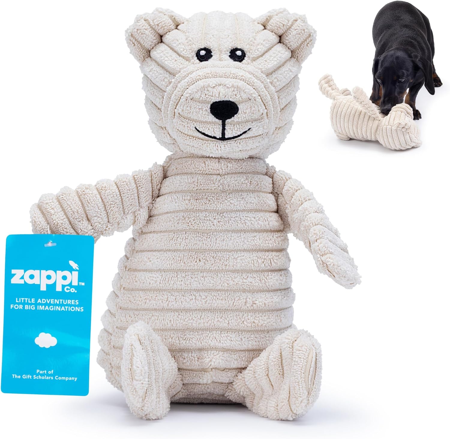 Zappi Co Bear Plush Dog Toy with Squeaker – Soft, durable, ribbed design for playful sessions. Ideal for small and medium dogs who need a durable toy for interactive fun.