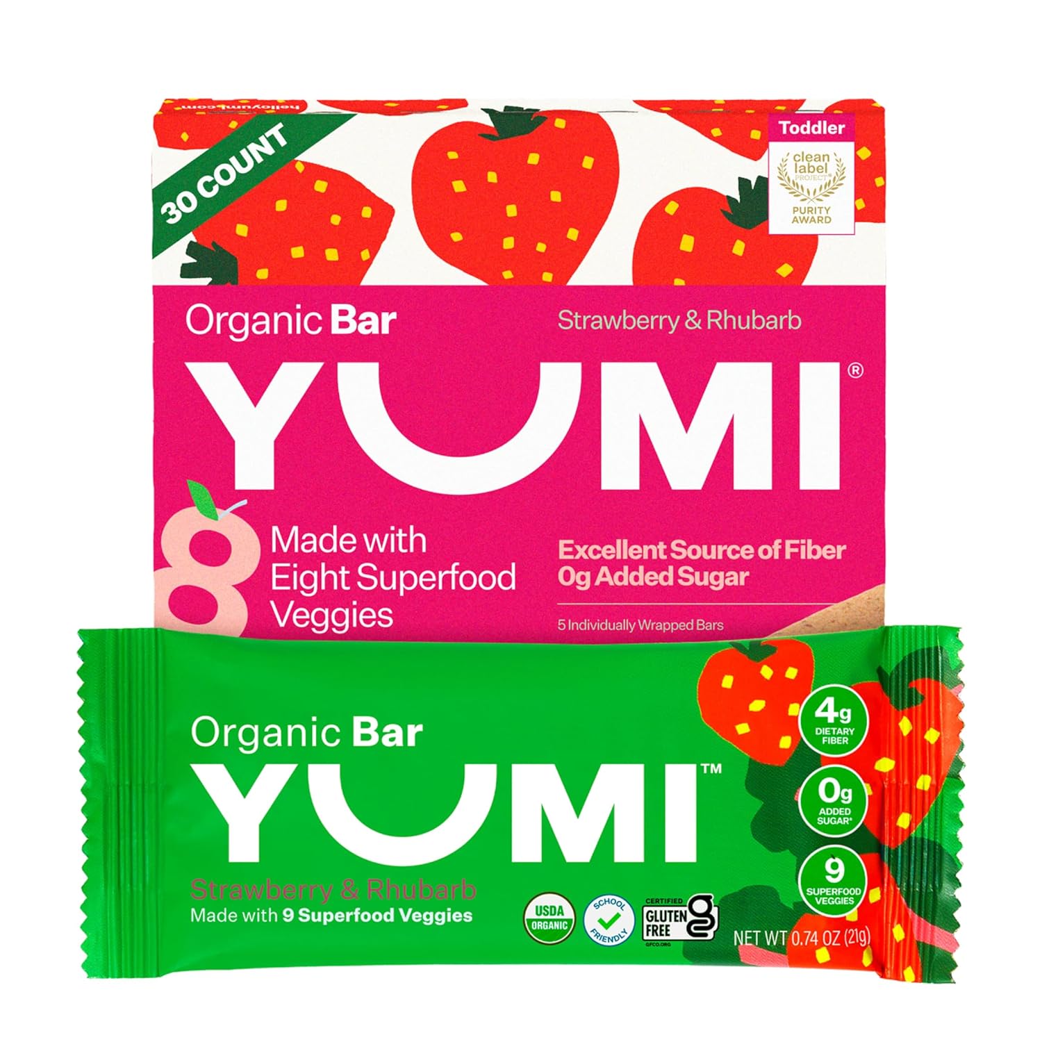 Yumi Organic Toddler Snacks Bars - Gluten-Free, No Added Sugar, 7+ Vegetables, Soft-Baked Crust, Yumi Bars Healthy Toddler Organic Snacks - School Safe and for Lunch Boxes, Strawberry & Rhubarb (30ct.)