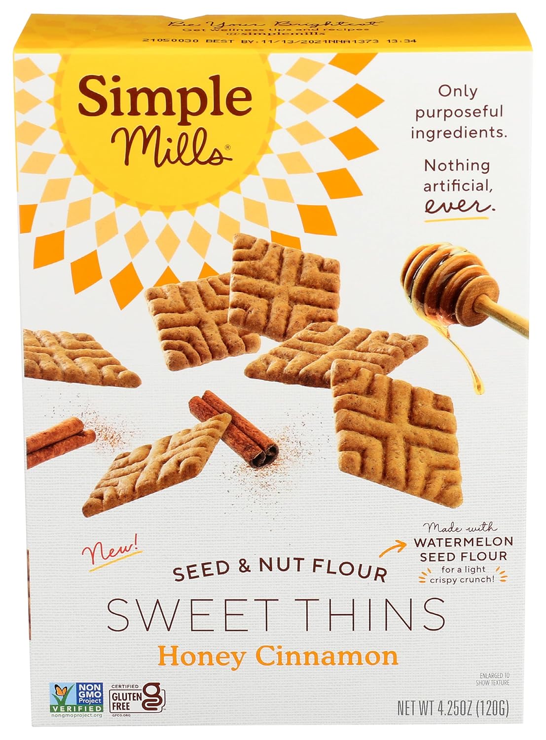 Simple Mills Honey Cinnamon Seed & Nut Flour Sweet Thins, Paleo Friendly & Delicious Sweet Thin Cookies, Good for Snacks, Nutrient Dense, 4.25oz, Pack of 1