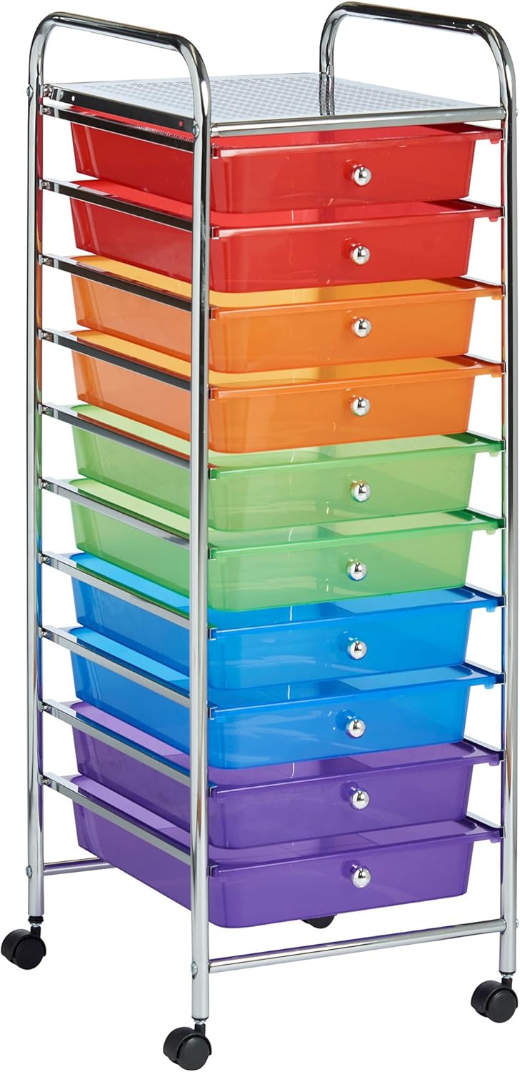 VonHaus Storage Trolley, 10 Drawer Multi-Colour Wheeled Makeup Trolley, Durable Storage with Plastic Drawers, Chrome Frame, Storage Panel & 360° Wheels, Organiser for Bedroom, Bathroom, Office