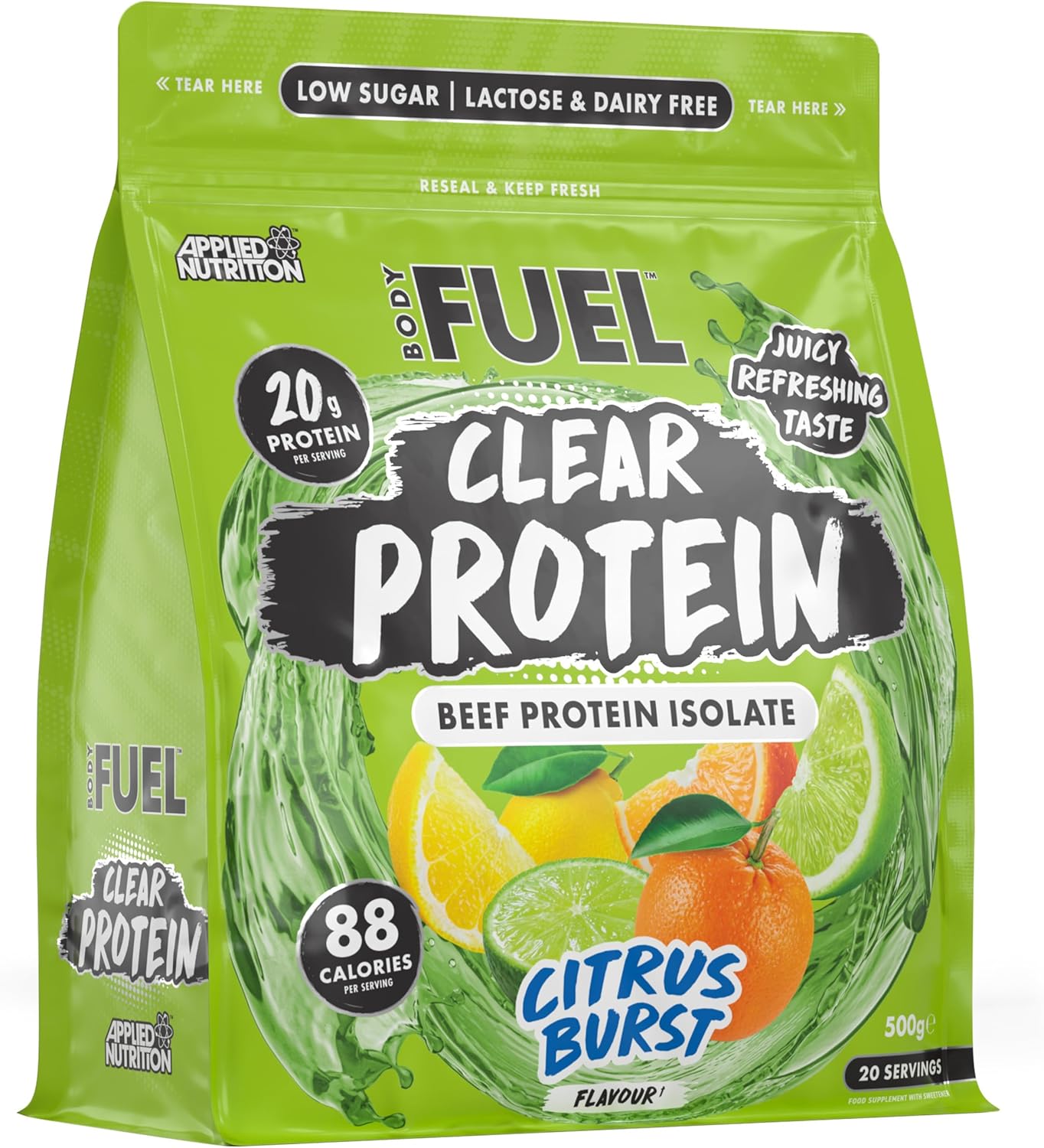 BodyFuel Clear Protein - Beef Protein Isolate - Clear & Refreshing - Best Low Sugar & Lactose-Free Protein Supplement - Muscle Support (500g - 20 Servings) (Citrus Burst)