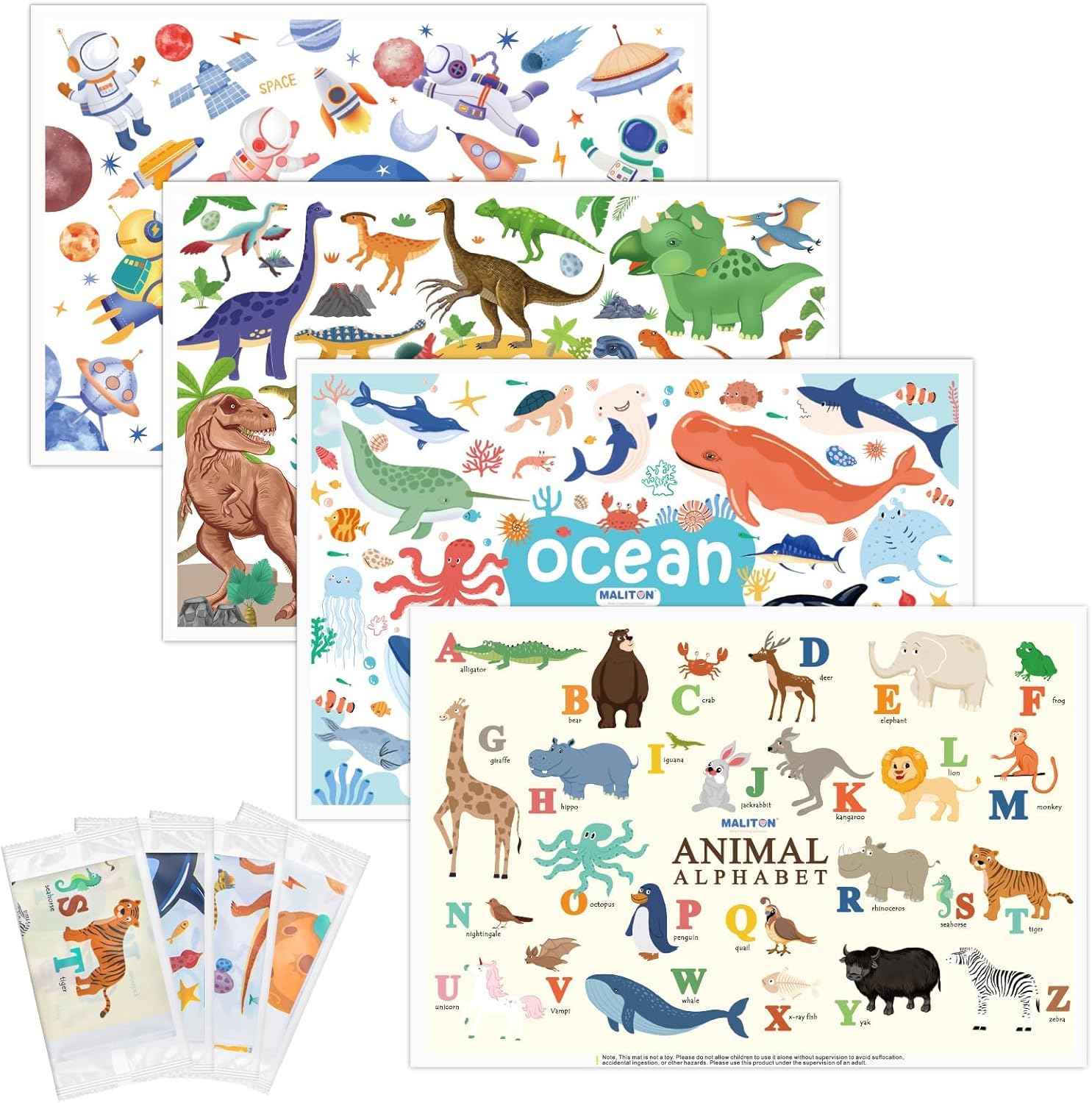 Disposable Placemats for Baby & Toddlers, Disposable Baby Placemats for Restaurants, Travel, Disposable Stick on Placemats with 4 Designs, Disposable Table Mats for Kids (Individual Package)