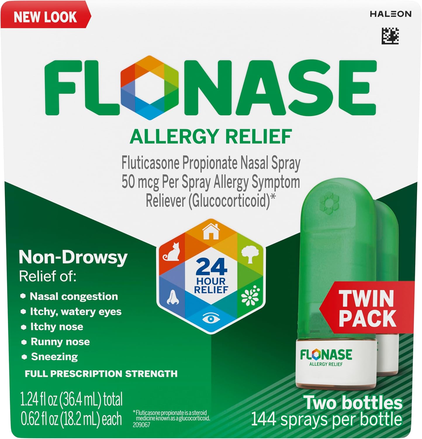 Flonase Allergy Relief Nasal Spray, 24 Hour Non Drowsy Allergy Medicine, Metered Nasal Spray - 144 Sprays (Pack of 2) - Fall and Seasonal Allergy Relief