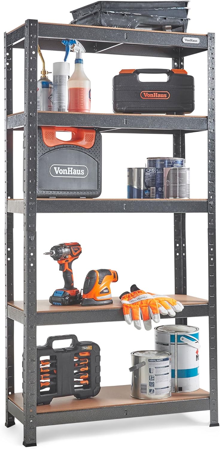 VonHaus 5-Tier Garage Shelves - Heavy Duty Garage Racking with Massive 875kg Capacity, 175KG per Shelf - Durable Metal Racking for Garage, Shed and Workshop Storage - 150cm H 75cm W 30cm D