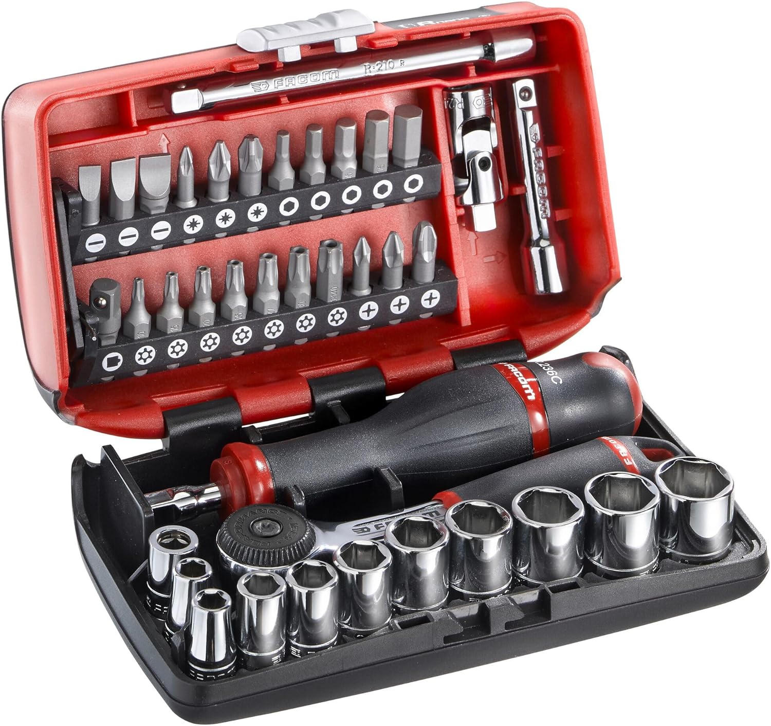 FACOM 1/4” Socket Set, 38 pcs, Nano Ratchet, Bits, Compact Case, R2NANOPB