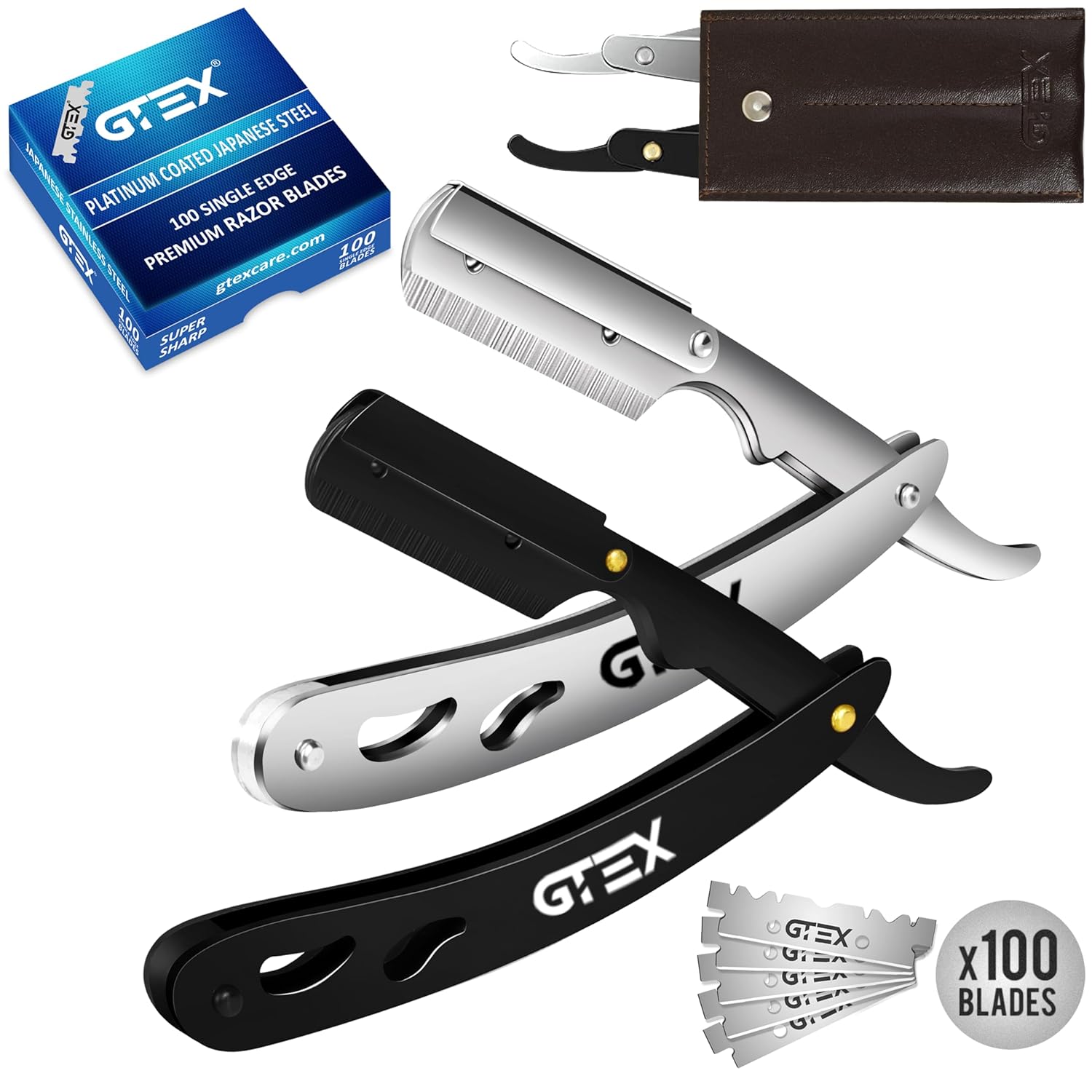 Straight Razors For Men 100 GTEX Barber Razor Blades - 2 Professional Single Blade Razors for Men Navajas Para Barbero Straight Edge Razor Barber Beard Razor Shavette Shaving Razor Kit