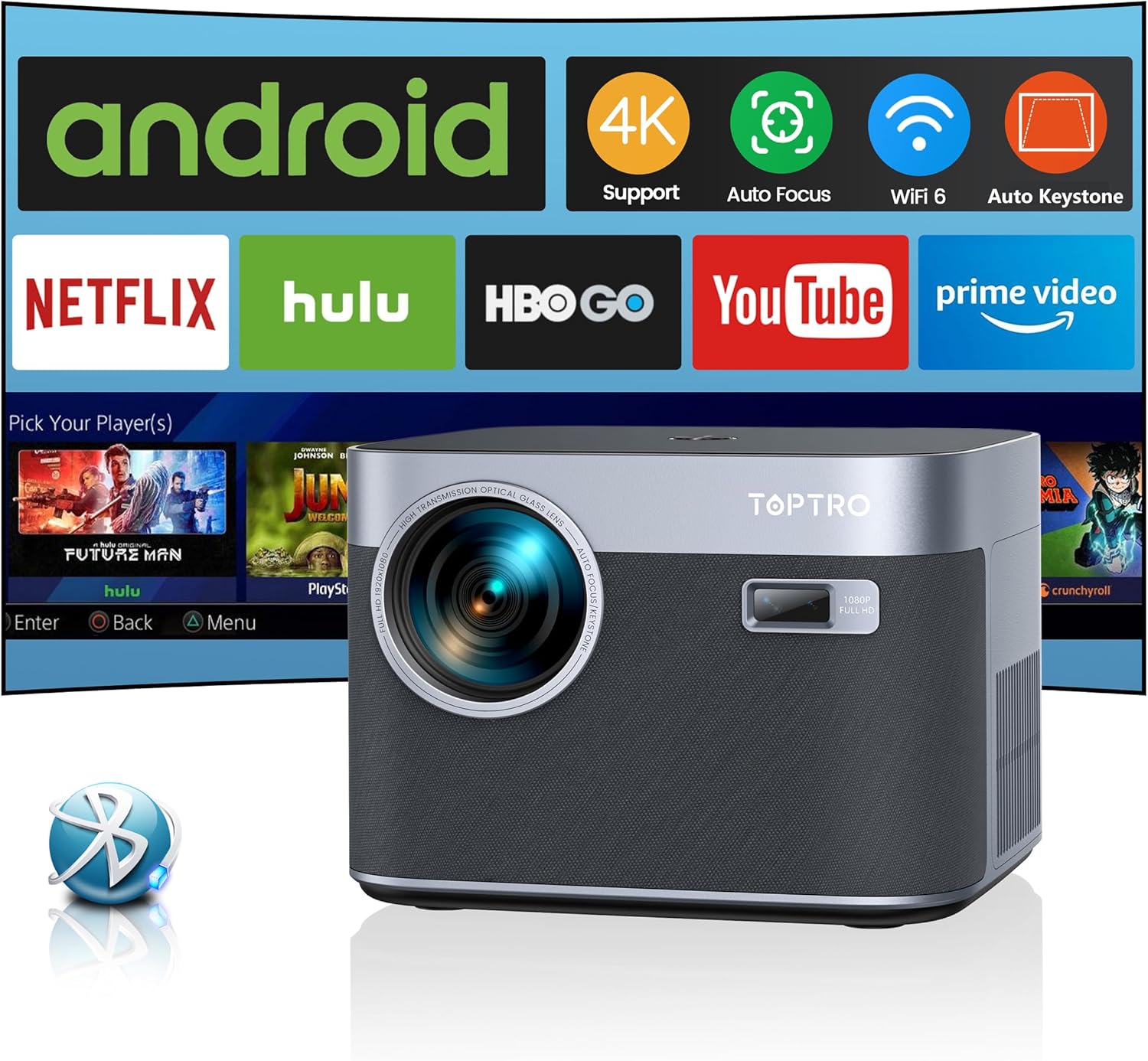 【Built-In Netflix】Projector 4K Support, Smart Projector with 35000 Lumens Auto Focus/Keystone, WiFi 6 Bluetooth, 50% Zoom 300" Display 1080P Movie Projectors for Home Cinema/Bedroom/Party/Camping