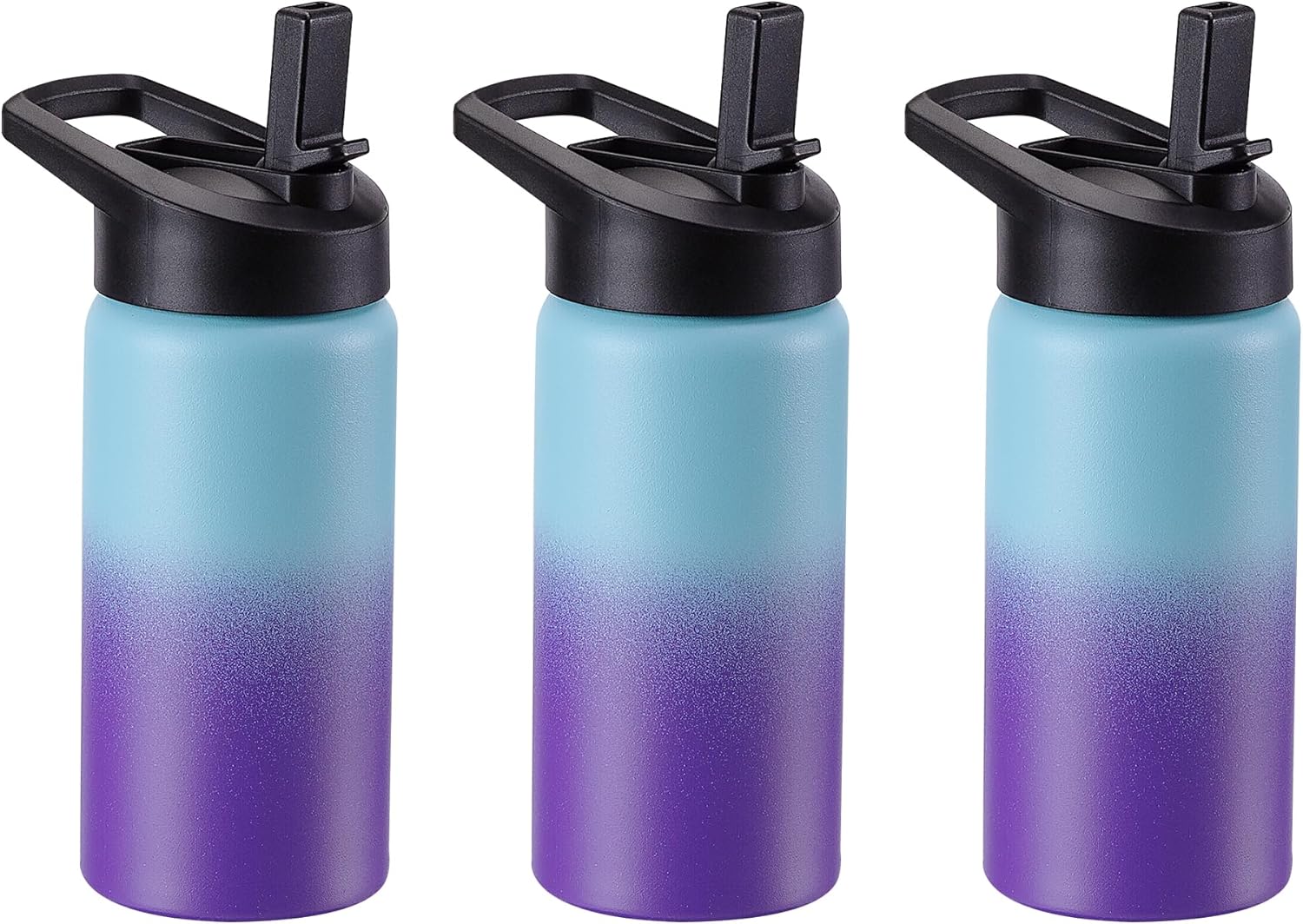 Kids Water Bottle with Straw Lid & Handle, 3 Pack 16oz Personalized Water Bottles Bulk, Dishwasher Safe, Leak Proof DIY Gift for Girls Boys to School Sports Travel Gym Running Hiking, Blue Purple