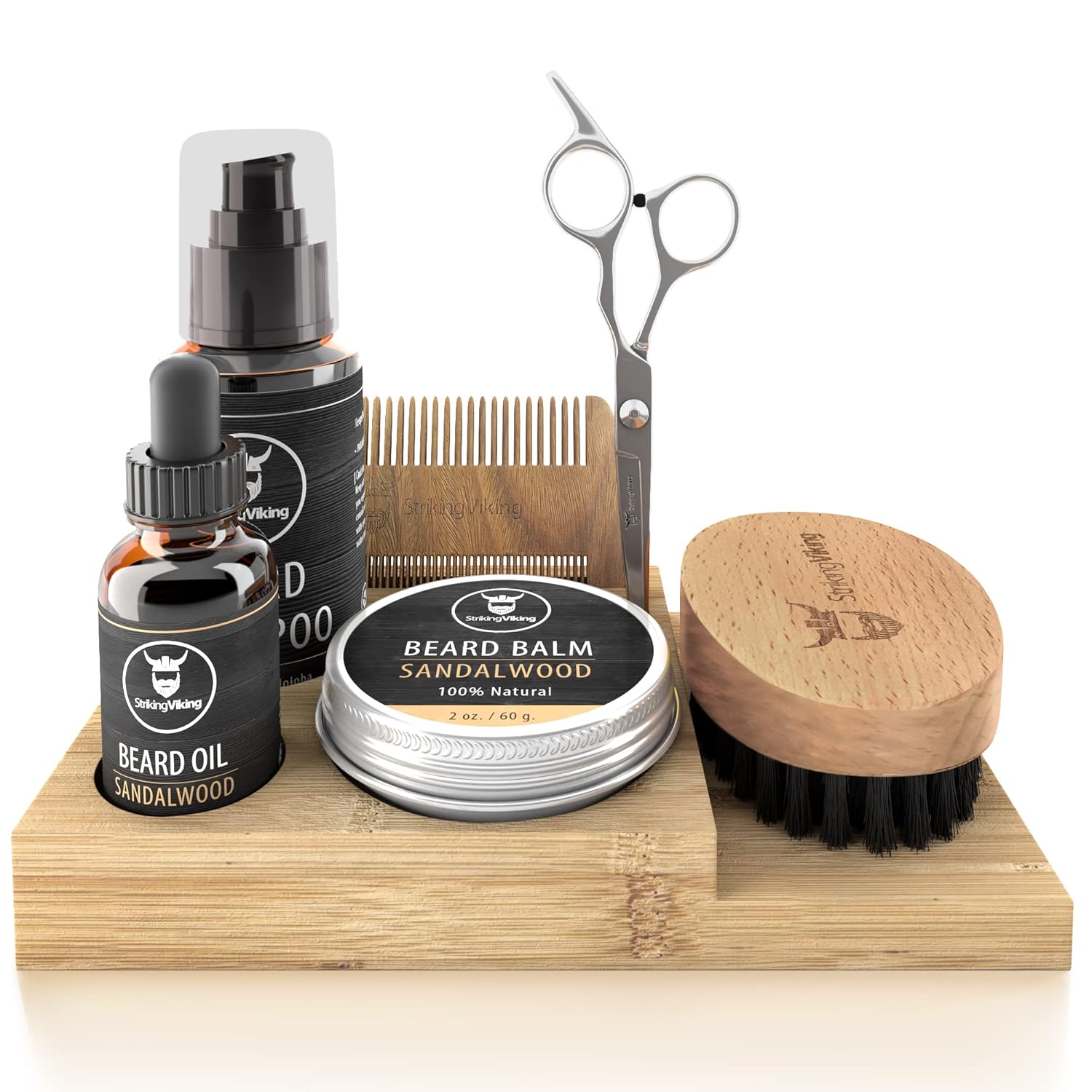 Striking Viking Beard Grooming Kit - Premium Care Products for Men with Beard Shampoo, Oil, Balm Butter, Brush, Wooden Comb, Mustache Scissors (7 Peice Set, Sandalwood w/Caddy)