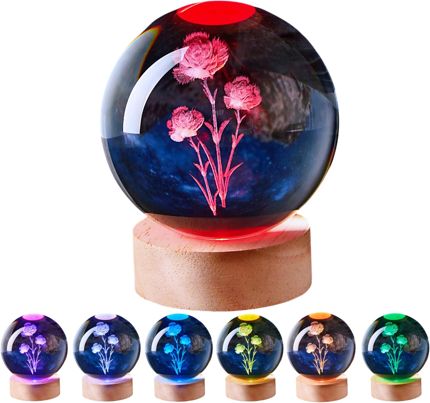 3D Carnation Crystal Ball Lamp with Remote Control, Flower Night Light Lamp with Wooden Base 16 Colors Change, Figurine Toy Gift for Wife Girlfriend Mom, Women's Day Mother's Day Gift (Carnation)