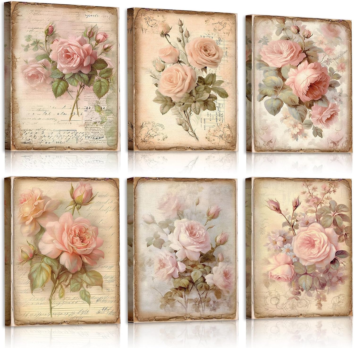 Vercraft 6 Pcs Framed Vintage Flowers Canvas Wall Art Pink Rose Wall Decor Retro Floral Pictures Farmhouses Decor for Home Office Bedroom Plant Printing Painting, 8 x 10 Inch