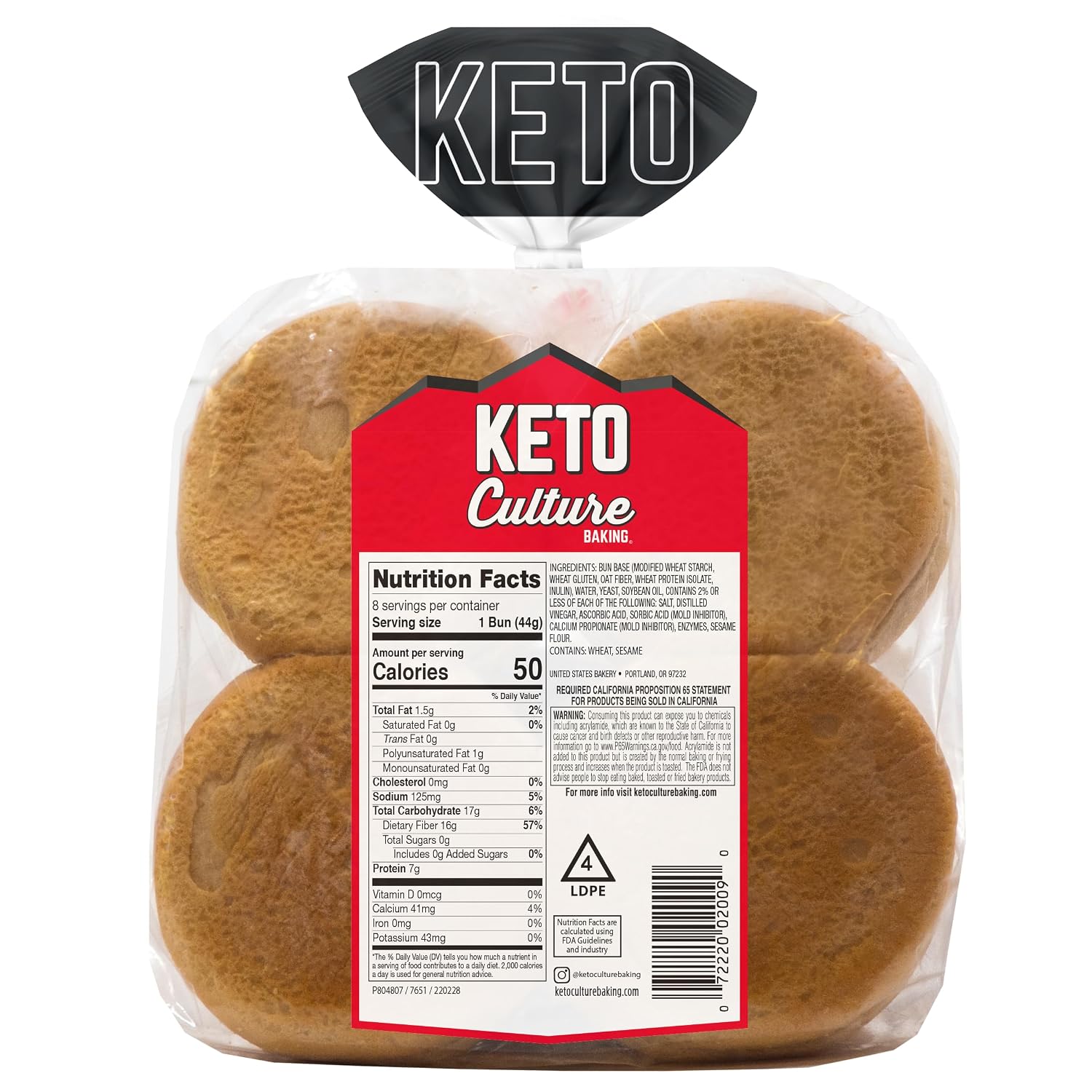 Keto Culture Bakery Hamburger Buns, 1g Net Carb, Super Soft, High Protein, High Fiber, Low Carb Bread, Protein Bread, Plant-Based, Freshly Baked - 3 Pack (3 x 12 oz)