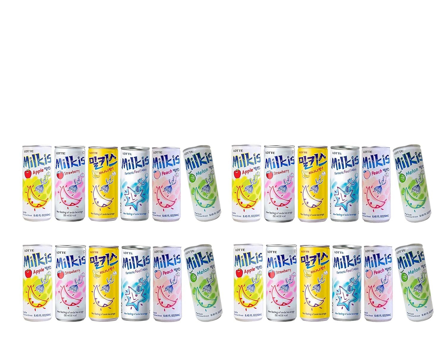Lotte Milkis 6 Flavors Combo (Original, Apple, Melon, Peach, Banana, & Strawberry) (6 x 4 cans, 8.45 FL Oz(Pack of 24))