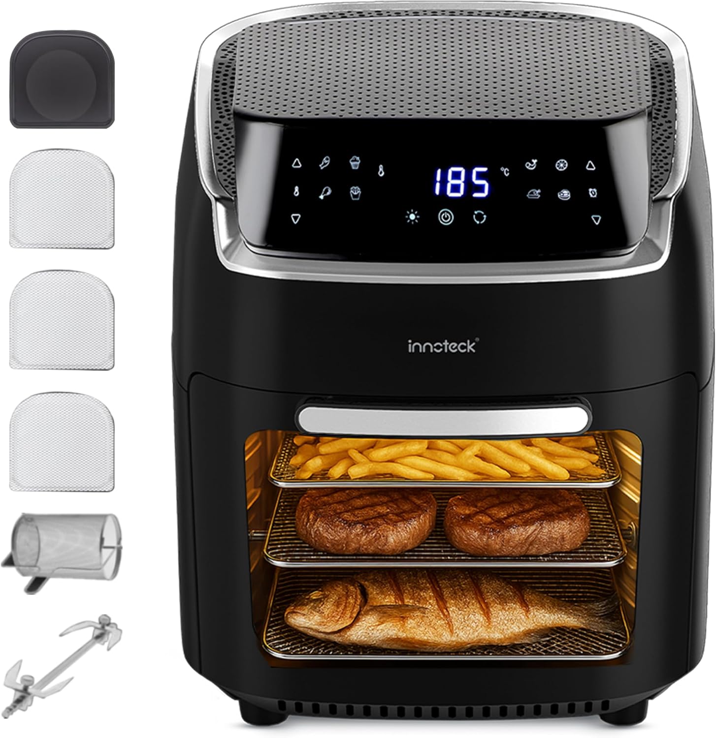 Innoteck Kitchen 12L Digital Air Fryer Oven with Rotisserie 1800W Large Air Fryer with Touch Panel & 8 Cooking Presets, Shelves, Basket, Racks & Drip Tray Black & Silver Finish