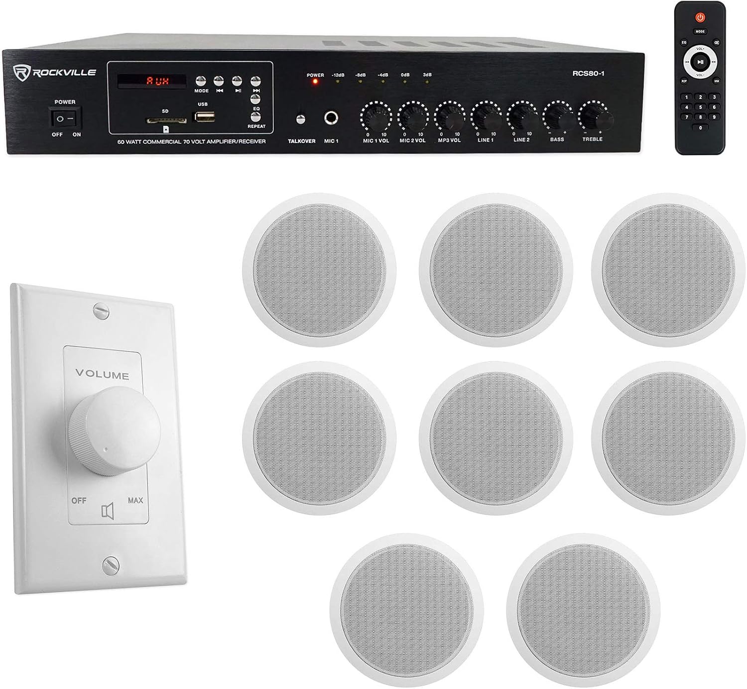 Rockville RCS80-1 70V Amplifier with 8 CCL6T White Ceiling Speakers | 70V/100V, Bluetooth, USB/SD, FM, 60W RMS, 8 White 6" Speakers, VOL70100 Zone Volume Control, Restaurant/Office, 10-Items