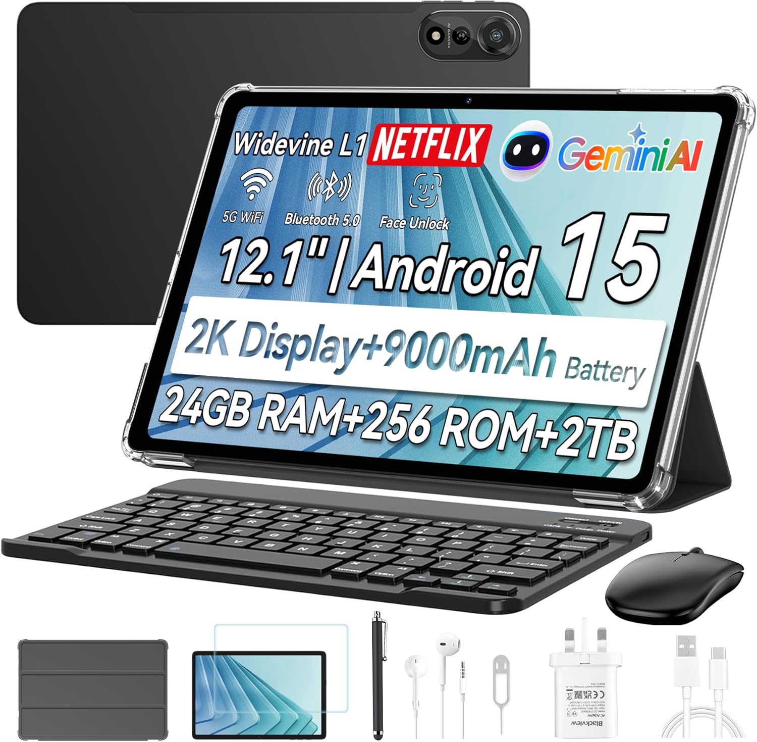 Blackview Tablet 12 inch Android 15 Tablet with Keyboard, Mouse, Pen, Case & SIM Card Slot | 24GB + 256GB | 2.4K 120Hz FHD+ IPS Display, 9000mAh/33W, 5G WiFi, GPS | MEGA 2 Set（No charger plug）