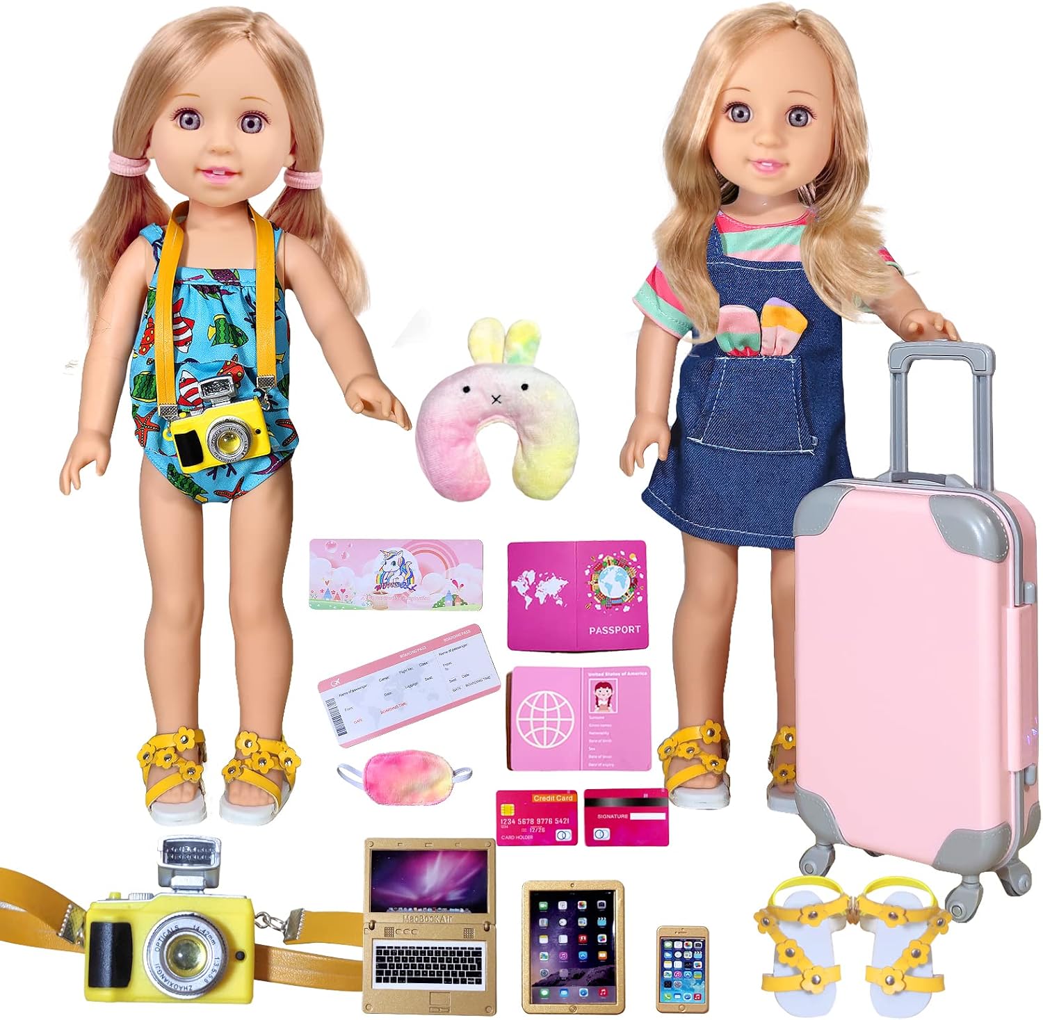 14-inch-Doll-Clothes and Doll-Travel-Suitcase Play Set Accessories - Including Luggage, 2 Sets of Doll Clothes, Shoes Sunglasses Camera Computer Travel Pillow Blindfold Passport Tickets