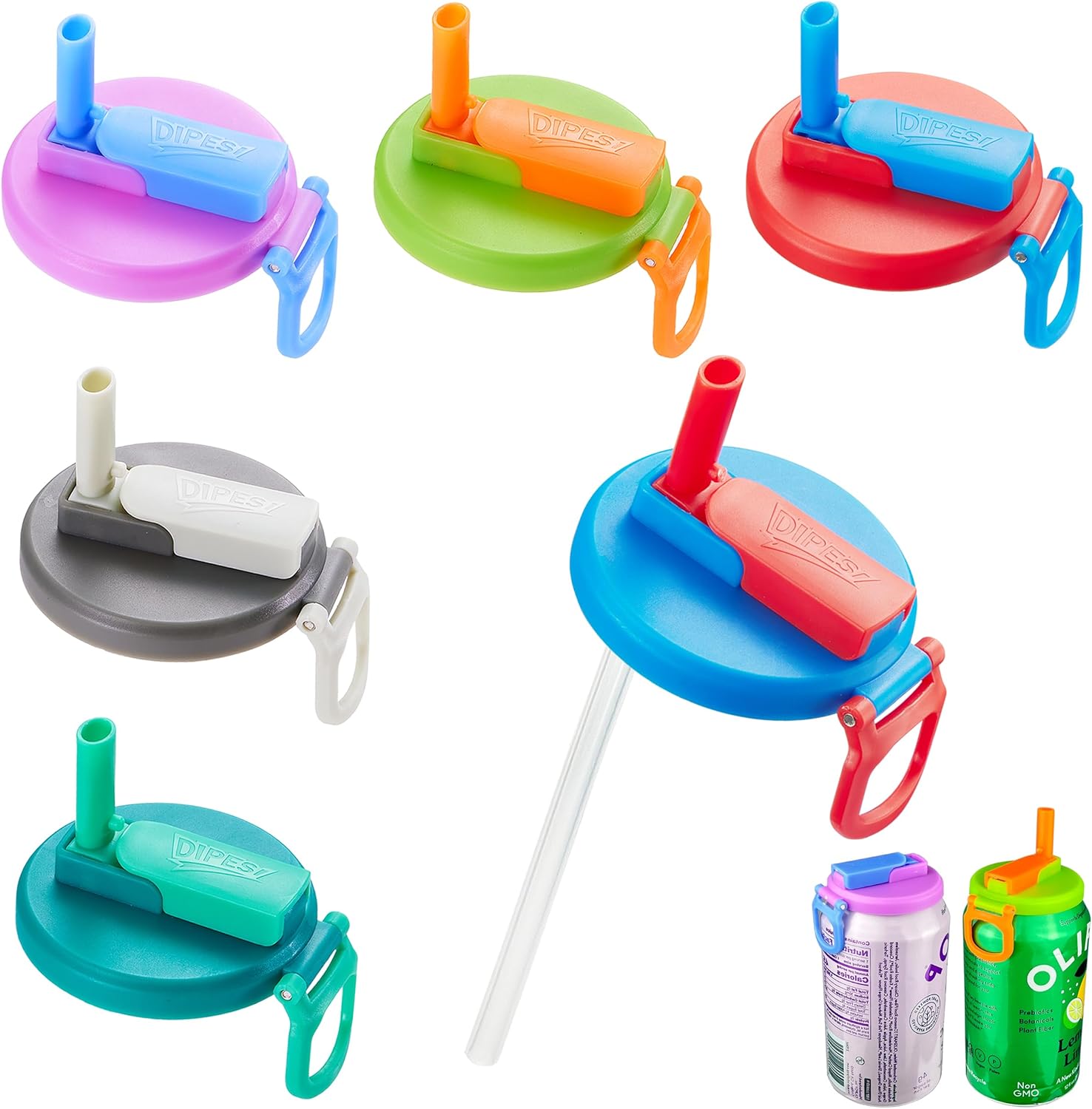 6 pack 6 color Soda Can Lids with Straws, Reusable Silicone Straws Soda ​Can Covers, BPA-Free,Airtight Seal, Easy to Use, Prevents Spills, Fits Standard Cans. (Colour mixture)