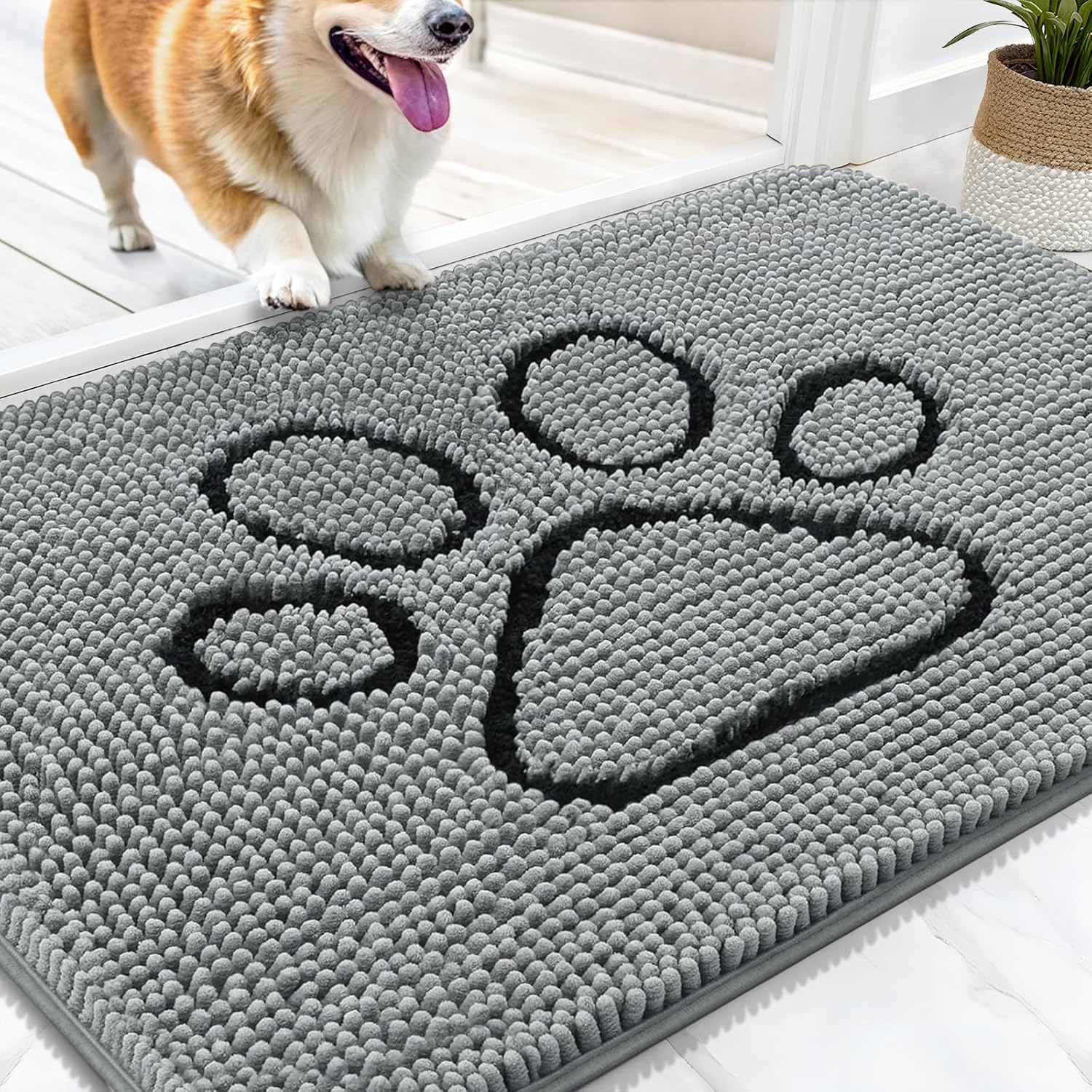 OLANLY Door Mat for Muddy Dog Paws 30x20, Ultra Absorbent Chenille Mud Doormat with Paw Print Design, Non-Slip Washable Doormat for Indoor Entryway, Quick-Dry Pet Bed Mats for Dirty Dogs, Grey