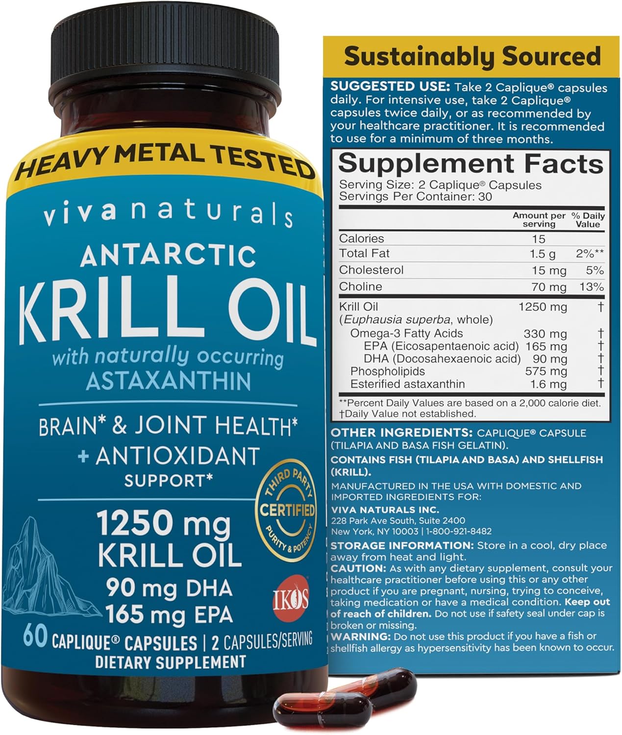 Krill Oil Omega 3 Supplement, Antarctic Krill Oil 1250 mg with Astaxanthin & Omega 3 Fatty Acid Supplement, High DHA & EPA Concentration for Brain & Joint Health Support, No Fish Burps (60)