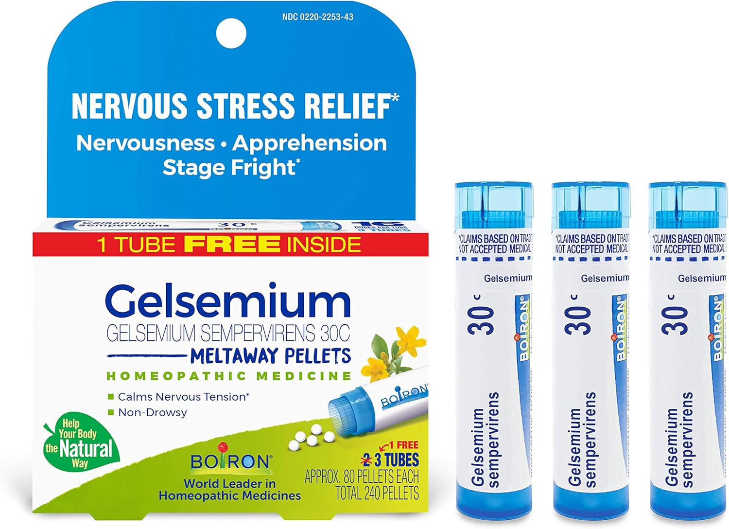 Boiron Gelsemium 30C Homeopathic Medicine for Relief from Stress, Nervousness, Apprehension, and Stage Fright - 3 Count (240 Pellets)