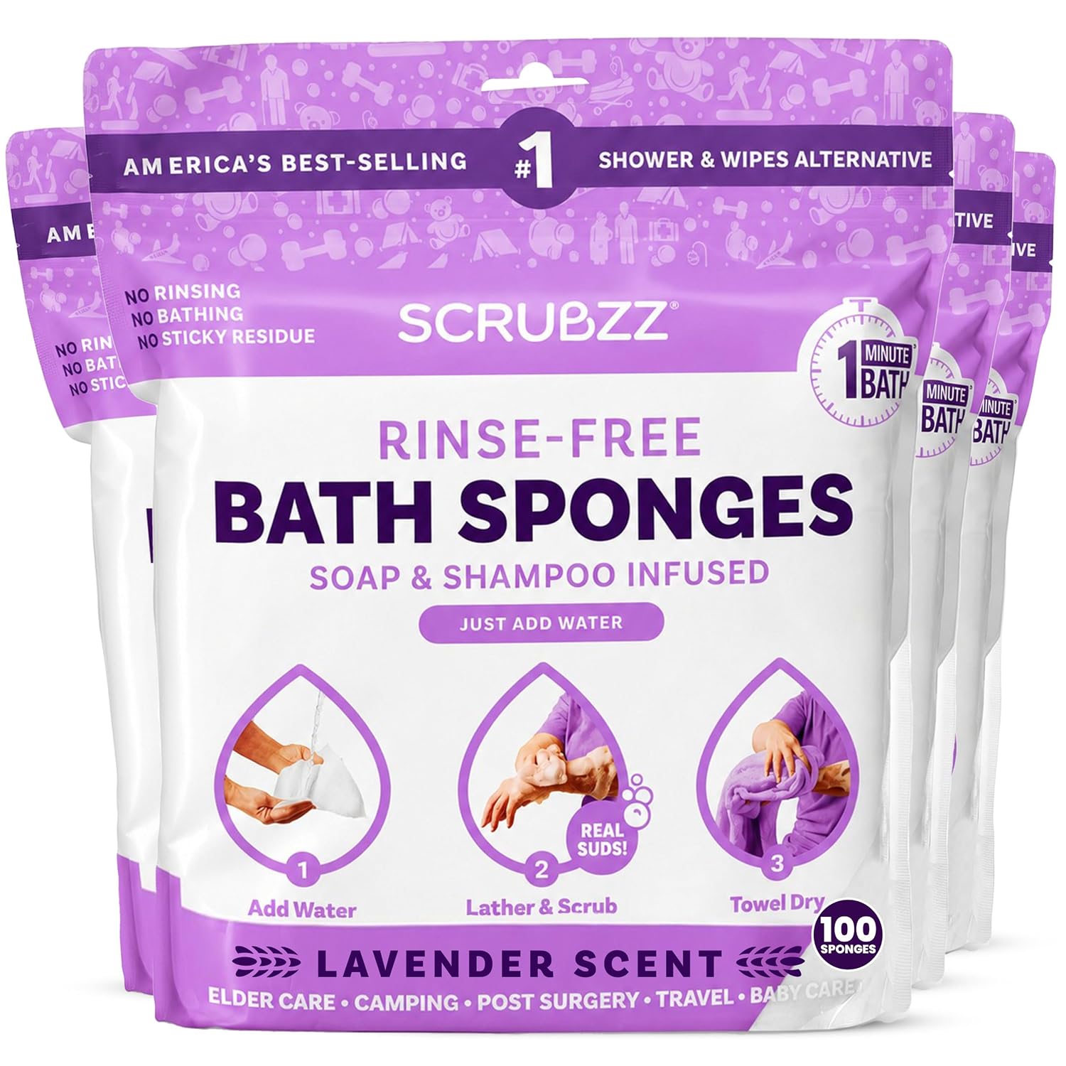 Scrubzz Disposable No Rinse Bathing Wipes - All-in-1 Single Use Shower Wipes, Simply Dampen, Lather, and Dry Without Shampoo or Rinsing (Lavender, 4-Pack)