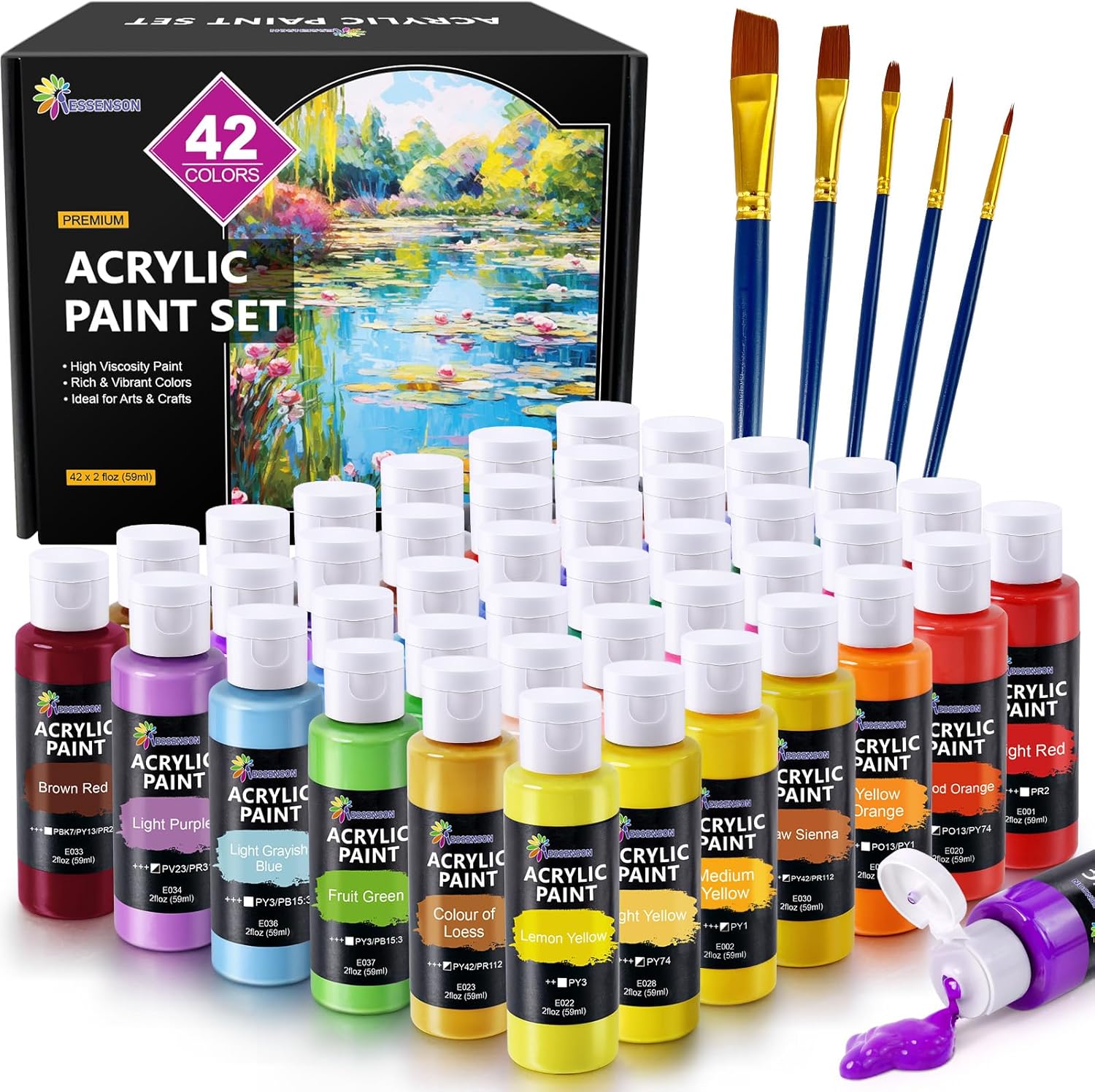 ESSENSON Acrylic Paint Set for Art, 42 Colours 2oz/59ml Bottles, Acrylic Paints Supplies for Artists, Beginners Adults on Canvas Rocks Wood Ceramic Fabric
