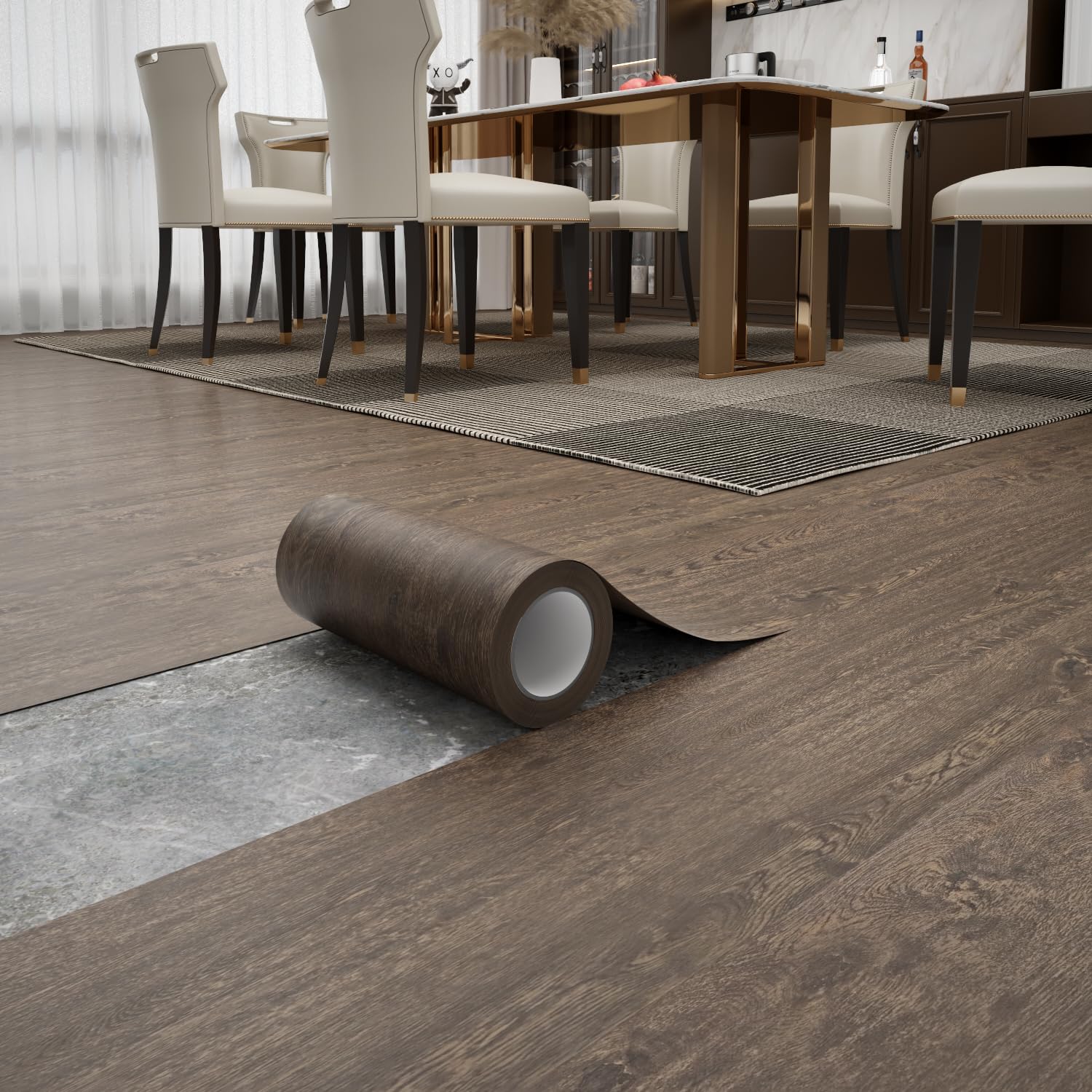 Peel and Stick Floor Tile 11.8” x 118” Vinyl Flooring Roll Cover 9.6 Sq.Ft. Waterproof Scratch-Resistant DIY Self-Adhesive PVC Wood Flooring for Renter, Kitchen, Bathroom, RV, Walnut
