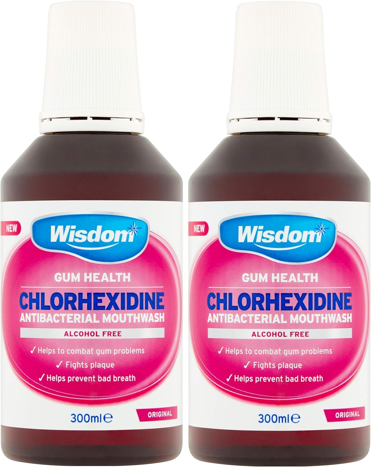 Wisdom Chlorhexidine Mouthwash - Original - Alcohol Free (2 x 300ml Bottles)