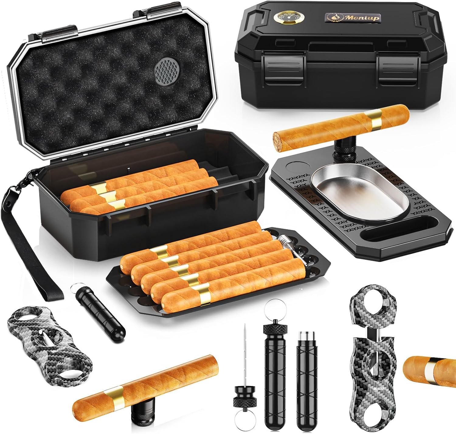 Travel Cigar Humidor Box Kit with V Cigar Cutter, Cigar Ashtray, Cigar Draw Enhancer&Punch 2-in-1 Tool, 2 Cigar Holders, Humidifier & Hygrometer, Portable Cigar Case with Accessories Set for Men Gift