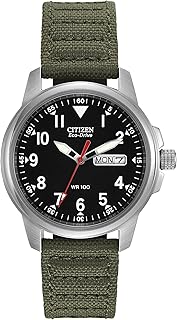 Citizen Men's Eco-Drive Weekender Garrison Field Watch in Stainless Steel with Olive Nylon strap, Black Dial (Model: BM8180-03E)